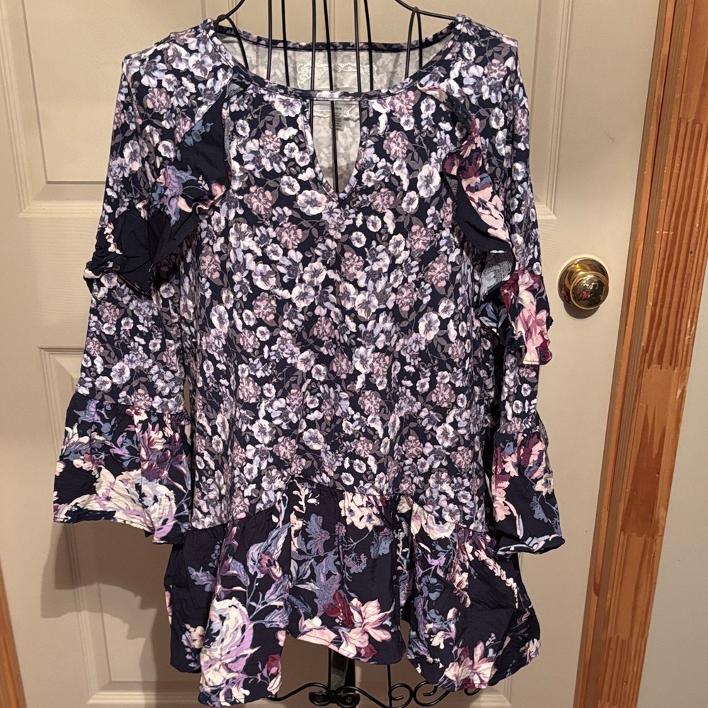 Cupio Navy and Pink Floral Ruffle Blouse